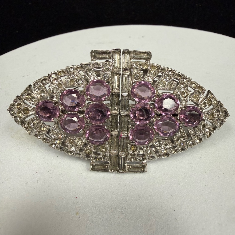 Vintage Silver Tone Purple Crystal Duette Brooch